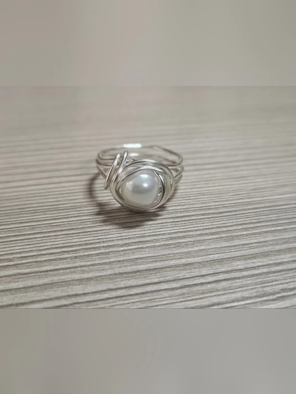Sterling Style Silver Pearl Accent Nest Ring - White Pearl Glass Bead Size 8